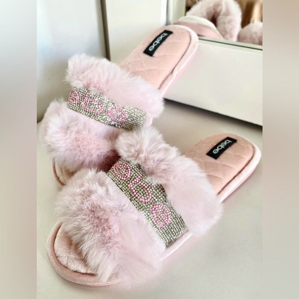 Y2K bebe Pink Faux Fur Rhinestone Slides NWT McBling Size 8 Coquette Girl